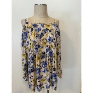Cocomo Woman Blouse Womens 1X Blue Yellow Floral Off Shoulder Long Sleeve Top